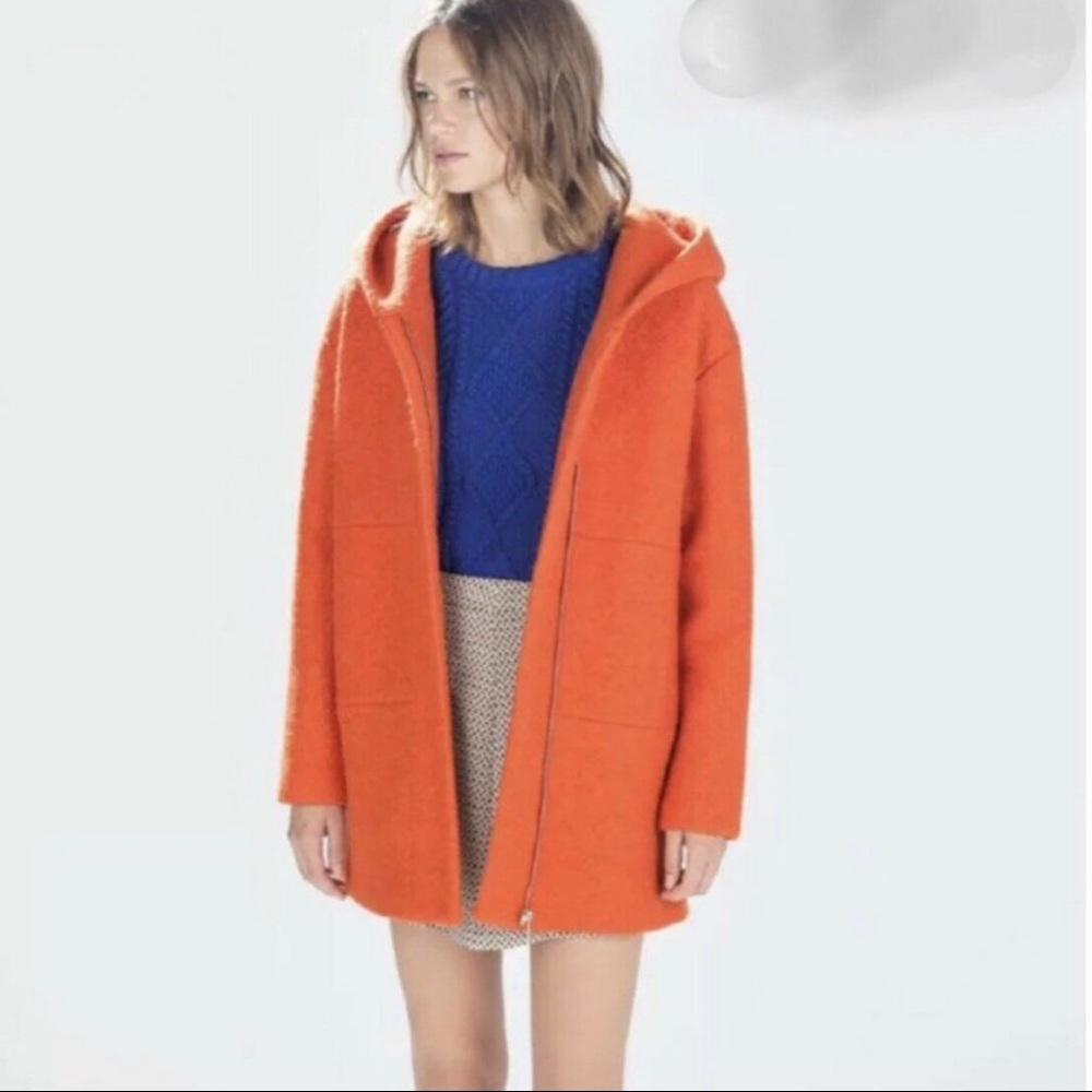Zara Trafaluc Orange Wool Blend Hooded Full Zip Coat Size XS
